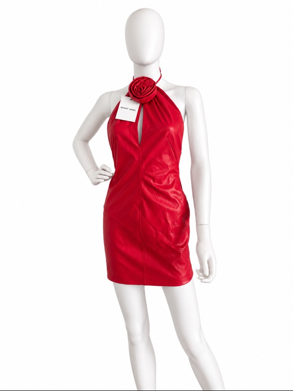 NWT Ronny Kobo Collection Red Halter Rose-Accent Mini Dress